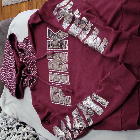 PINK Victoria's Secret Burgundy Sequin Miami Sweater - Picture 8 of 16